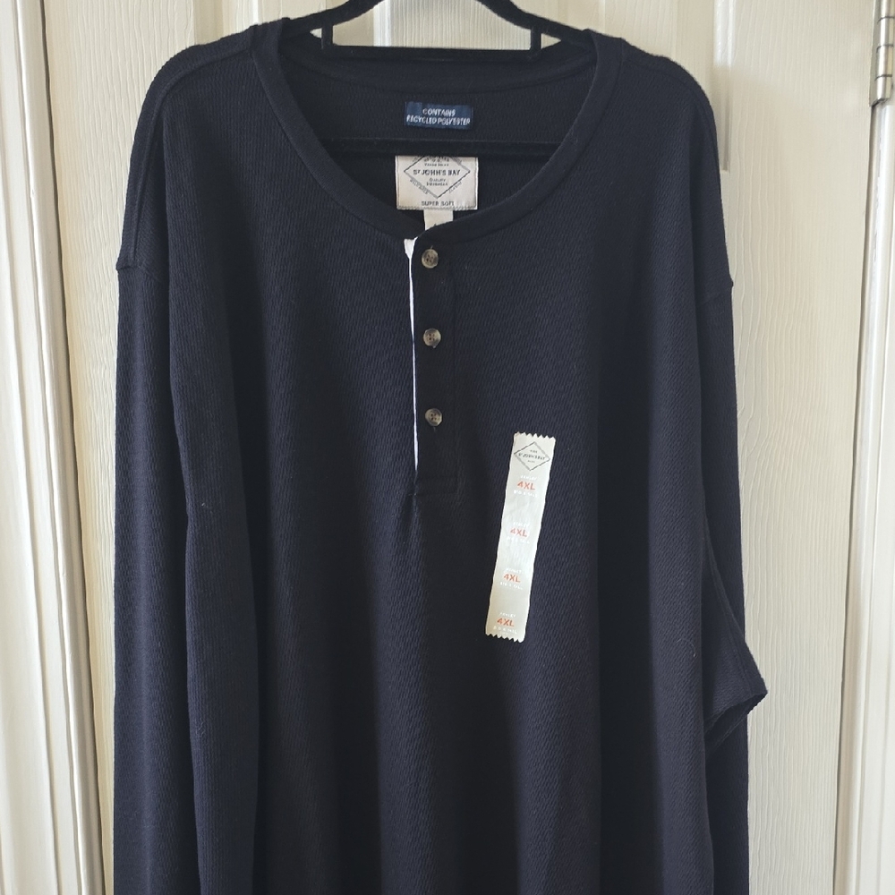 ST. JOHN'S BAY BRAND MEN'S BIG AND TALL BLACK LONG SLEEVE PULLOVER HENLEY 4XL